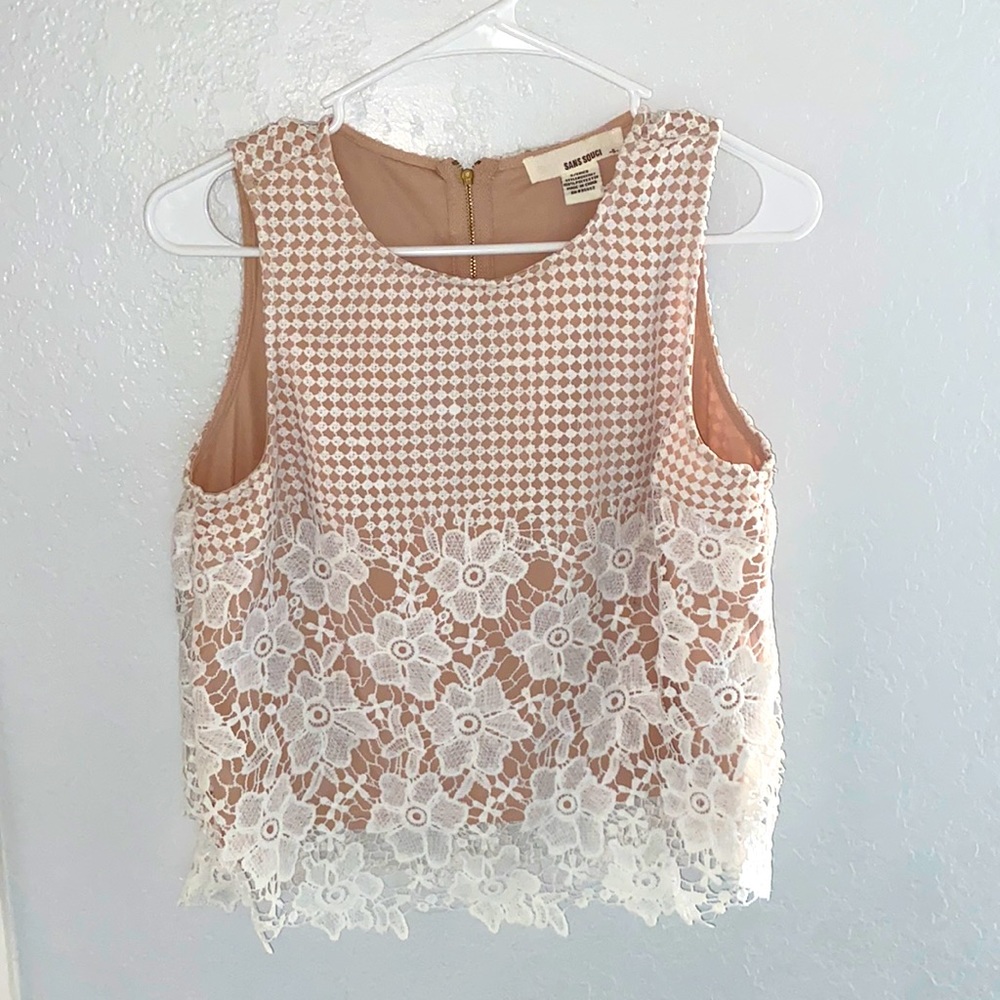 Floral Sans Souci crop top. Nude under the lace.